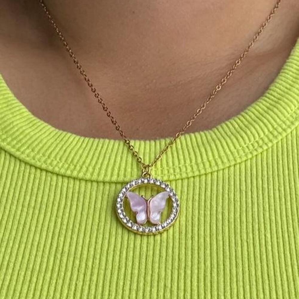 Pink butterfly pendant necklace with